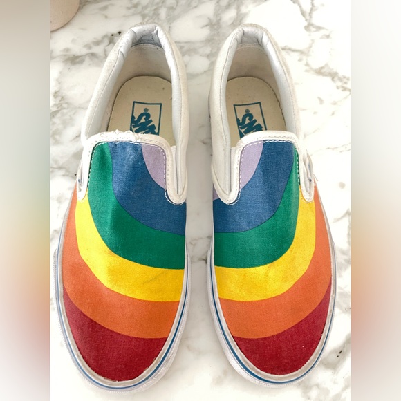 Vintage 80s Vans Slip On Rainbow Sneakers Womens Size 7.5 White Retro - Picture 3 of 7